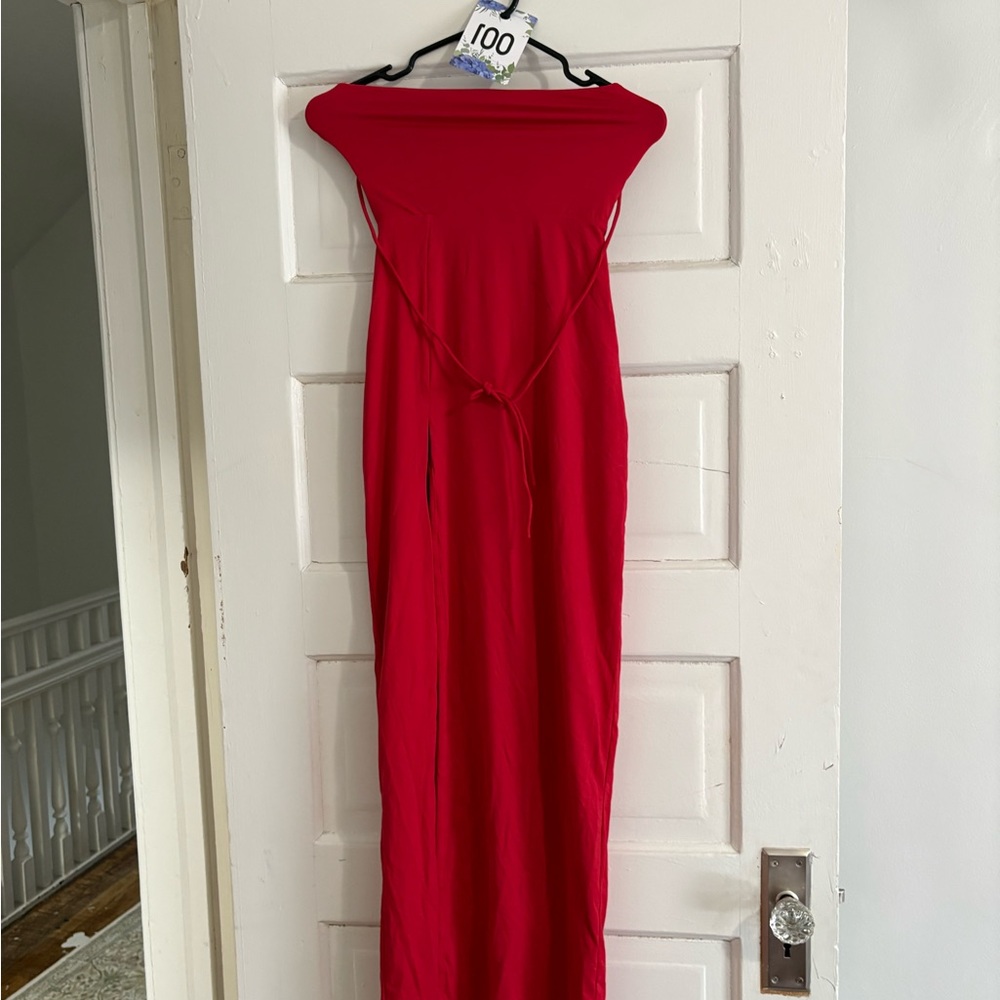 Off-Shoulder Red Maxi Dress with Tie Waist